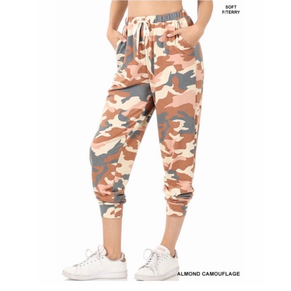 New! Soft Camo French Terry Pockets Elastic Waistband Comfy Joggers - Picture 3 of 5